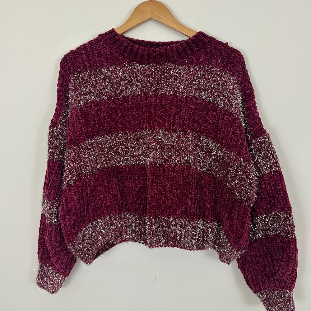 Haute Rogue Cropped Sweater Maroon Metallic Chenille Cozy Coquette Womens S Read